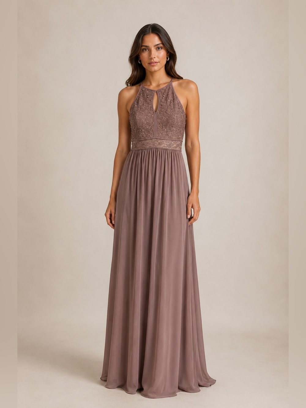 Morgan & Co. Size 7/8 Mauve Embellished Lace Halter Maxi Dress